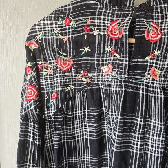 Zara Basic  Denim Embroidered Floral Checked Shirt Top Size Small Women - Picture 14 of 15